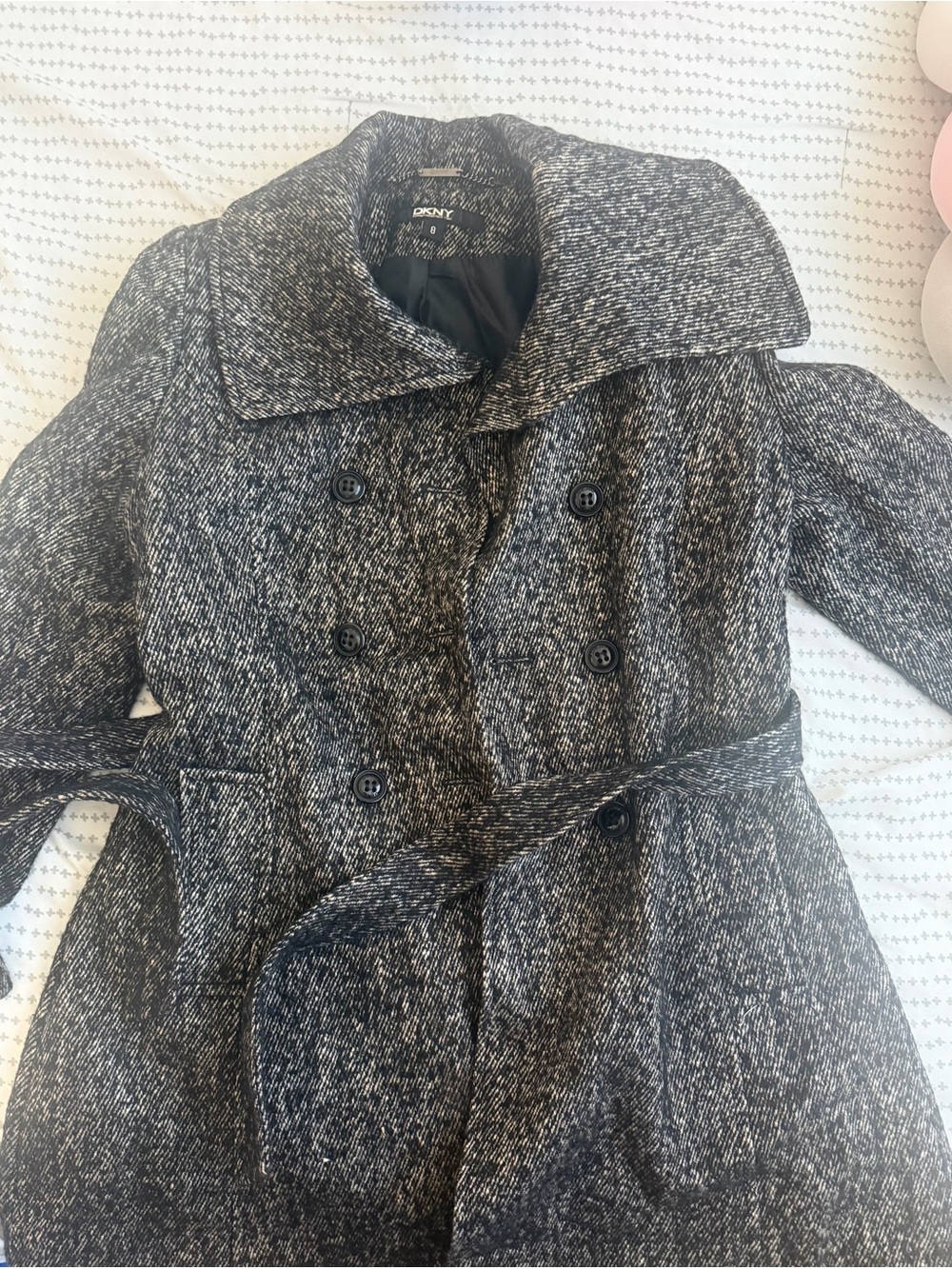 Women Black and White Tweed Belted Pea Coat